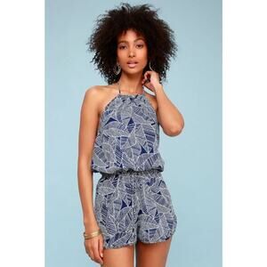 Lulus Blue Tropical Print Retreat Halter Neck Romper